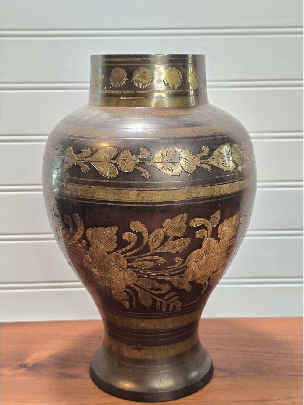 Vintage Solid Brass Etched Vase Handcrafted India Boho Floral Decor